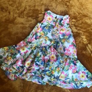 Mayoral Tropical Floral Tiered Sundress in White, Pink, Yellow, Green